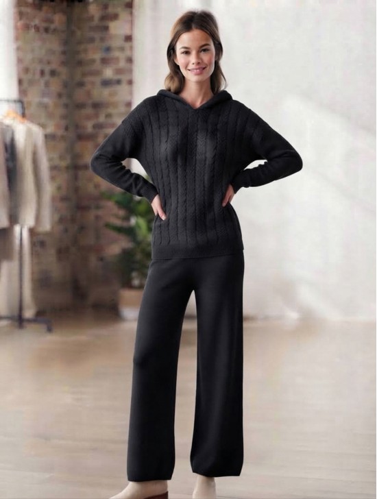 Solid Color Knitted Hooded Sweater and Pants Set